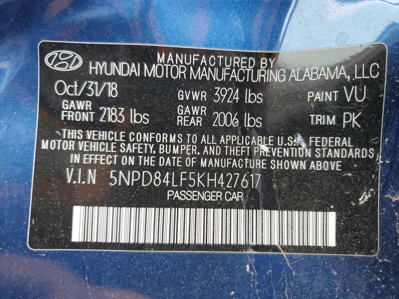 5NPD84LF5KH427617 2019 Hyundai Elantra Sel