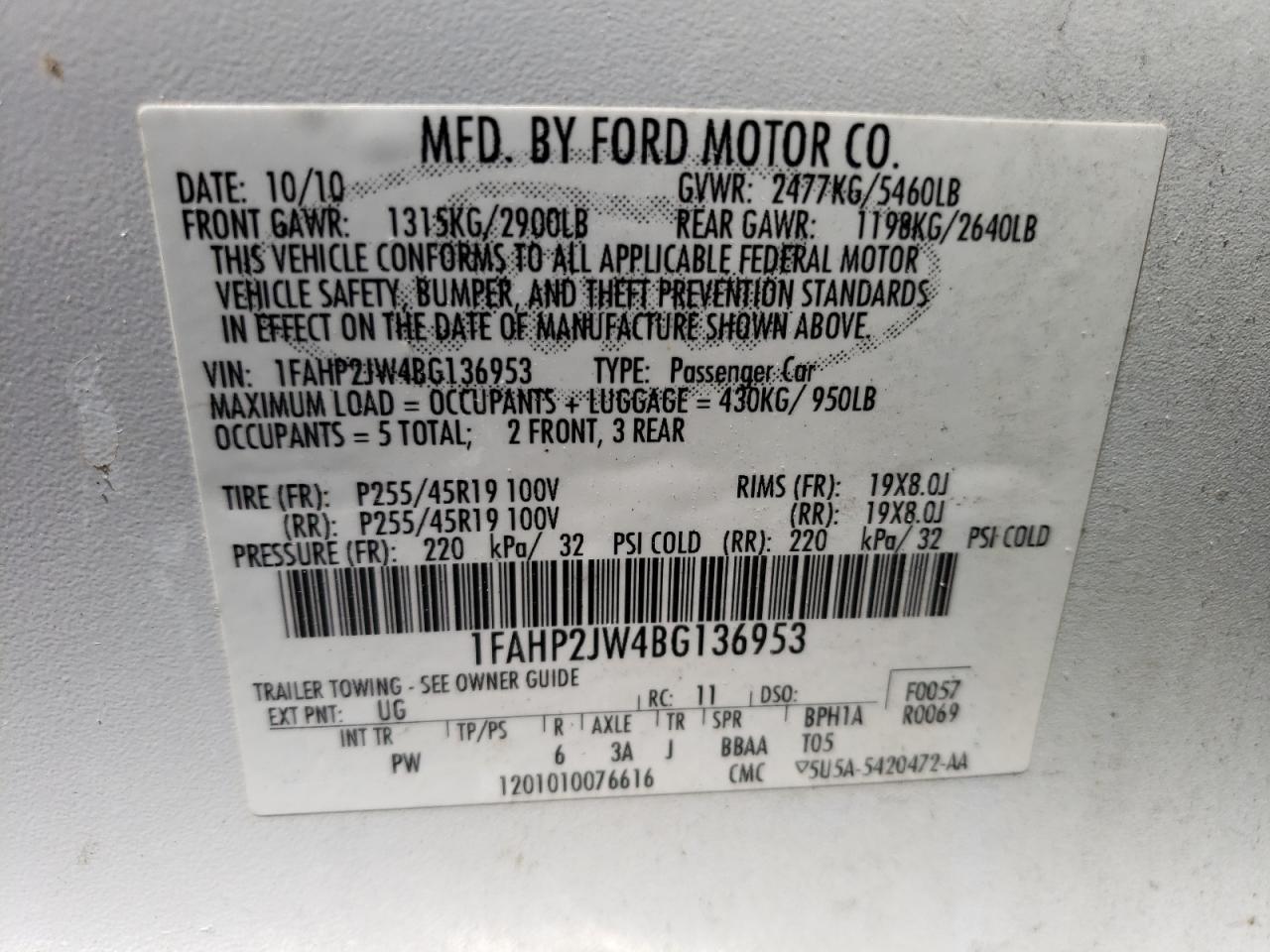 1FAHP2JW4BG136953 2011 Ford Taurus Limited