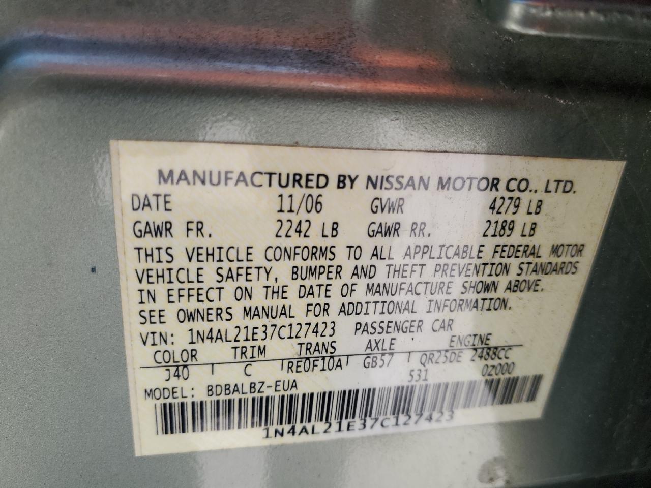 1N4AL21E37C127423 2007 Nissan Altima 2.5