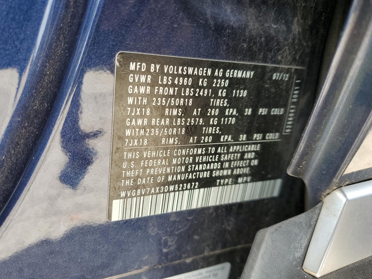 WVGBV7AX3DW523672 2013 Volkswagen Tiguan S