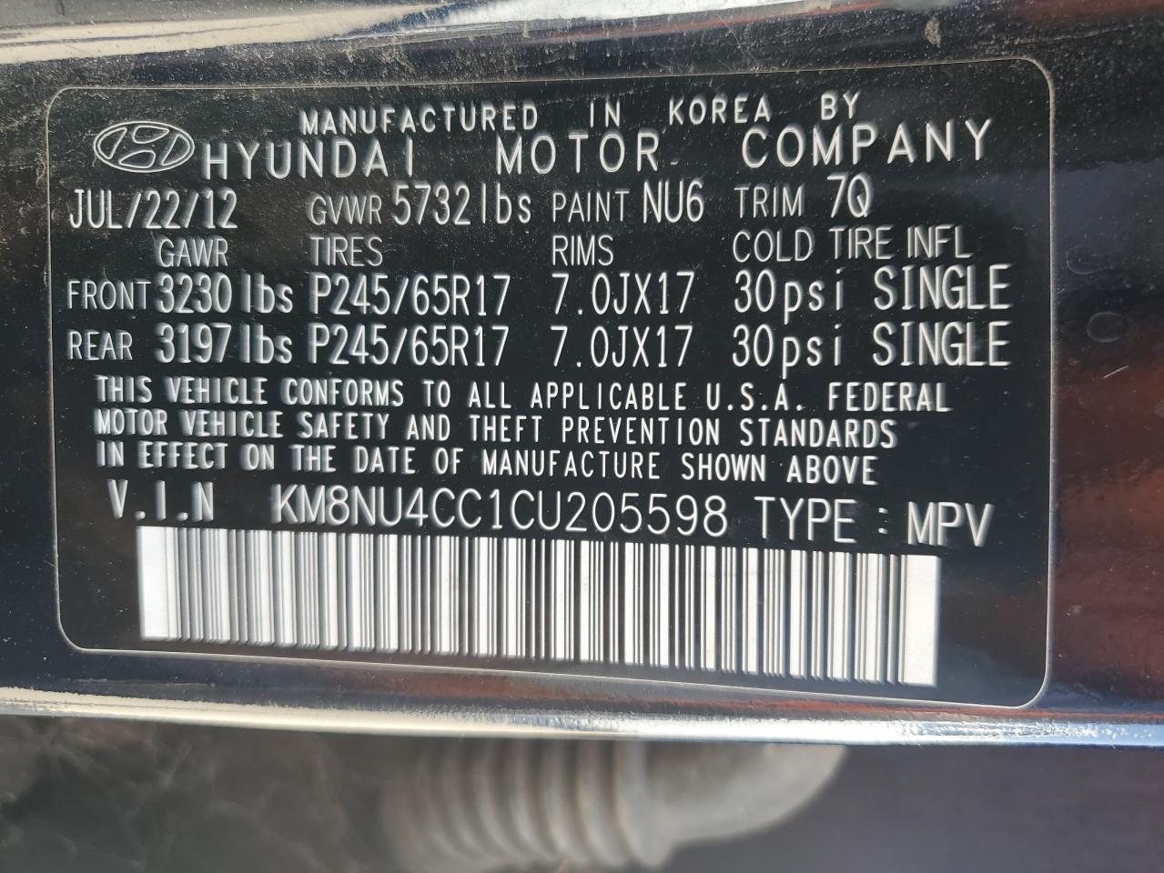 KM8NU4CC1CU205598 2012 Hyundai Veracruz Gls