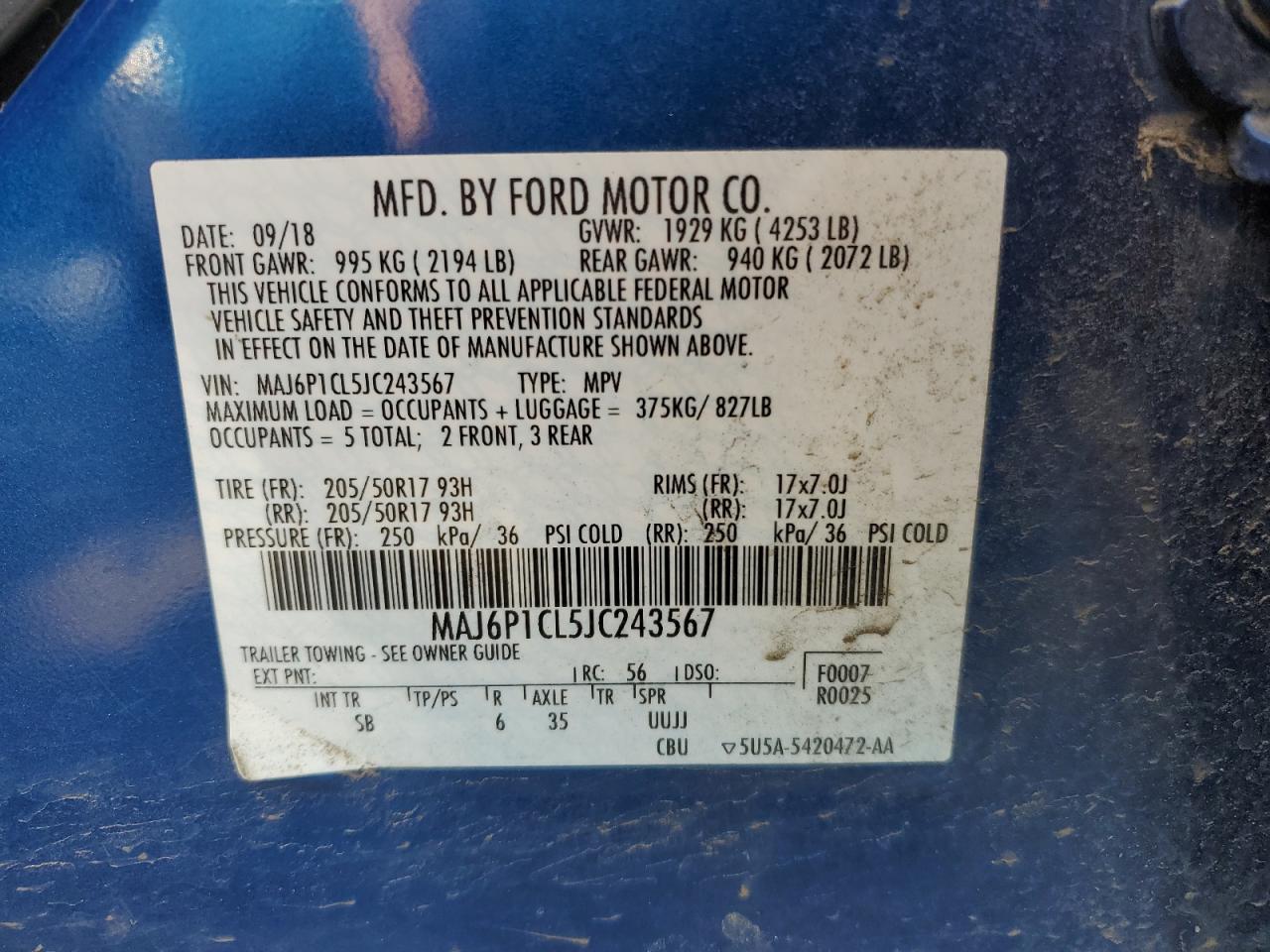 MAJ6P1CL5JC243567 2018 Ford Ecosport Ses