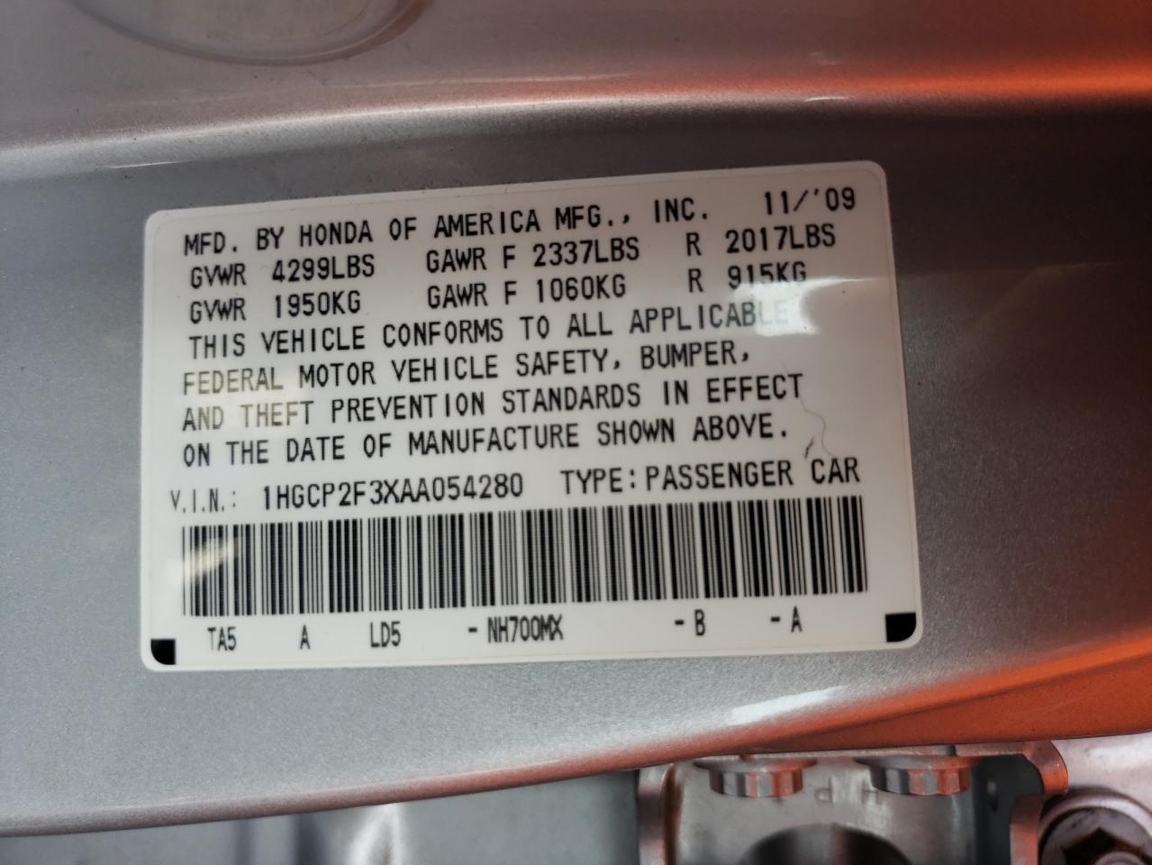 1HGCP2F3XAA054280 2010 Honda Accord Lx