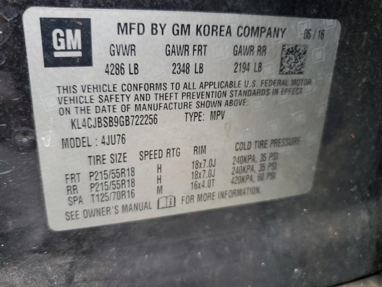 KL4CJBSB9GB722256 2016 Buick Encore Convenience