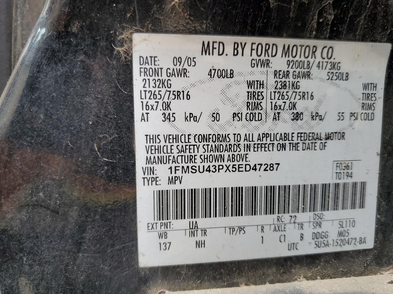 1FMSU43PX5ED47287 2005 Ford Excursion Limited