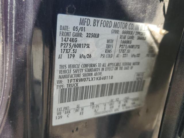 2001 Ford F150 Supercrew VIN: 1FTRW07LX1KB48118 Lot: 55094074