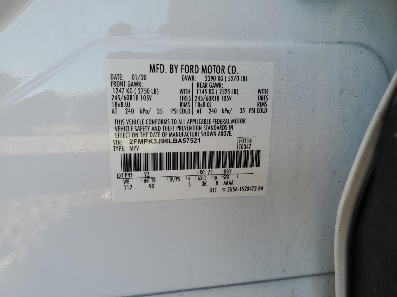 2FMPK3J96LBA57521 2020 Ford Edge Sel