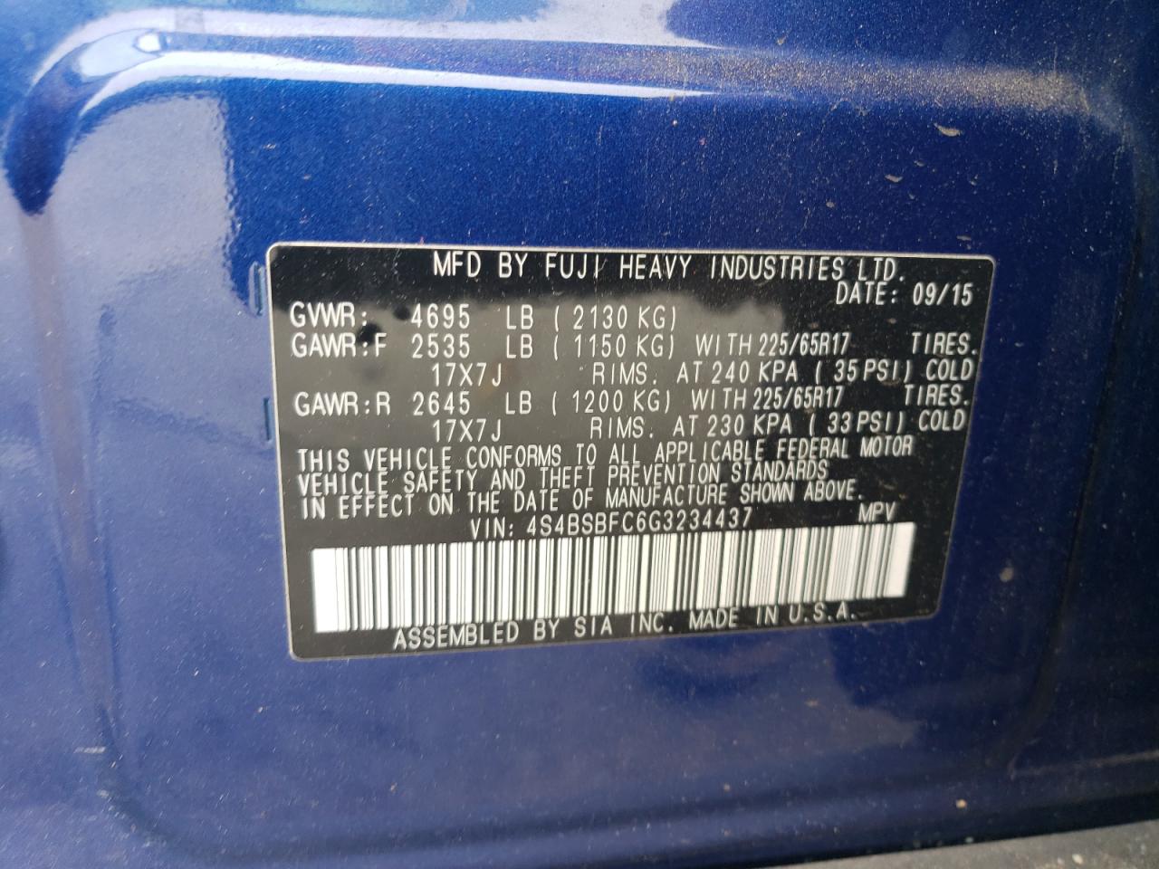 4S4BSBFC6G3234437 2016 Subaru Outback 2.5I Premium