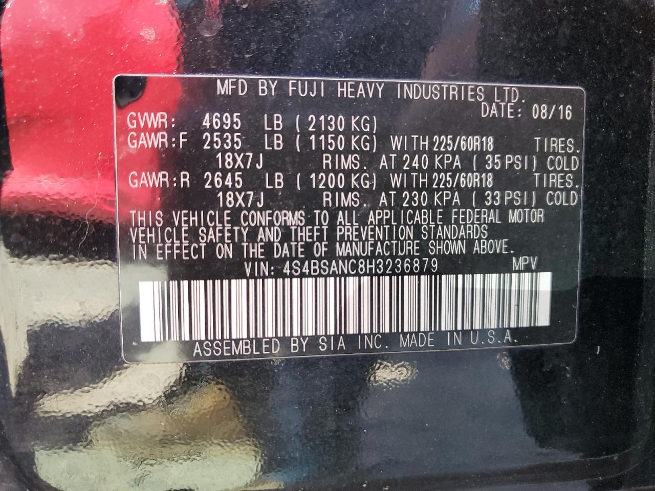 4S4BSANC8H3236879 2017 Subaru Outback 2.5I Limited