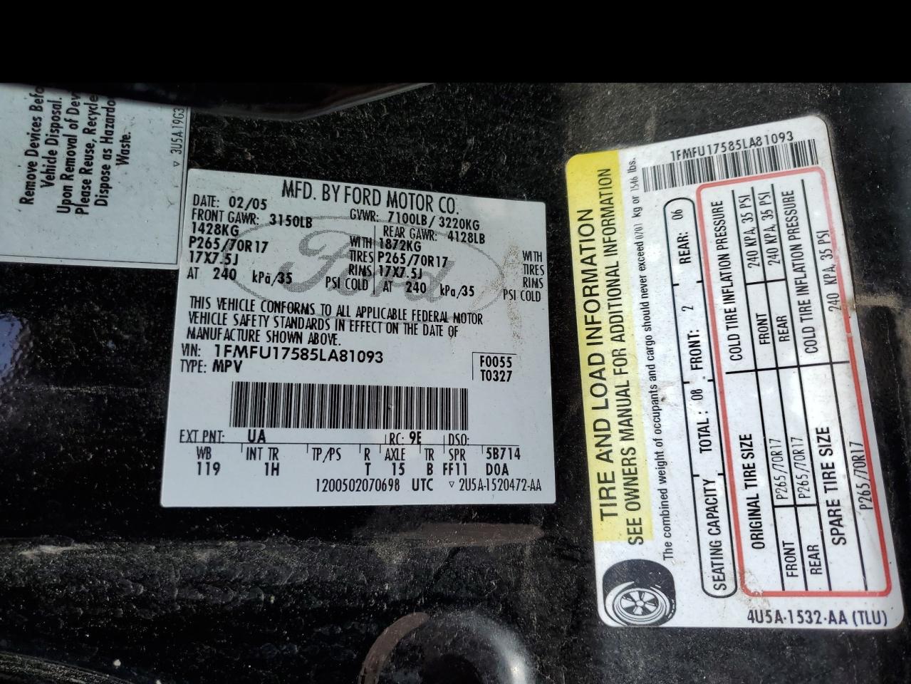 1FMFU17585LA81093 2005 Ford Expedition Eddie Bauer