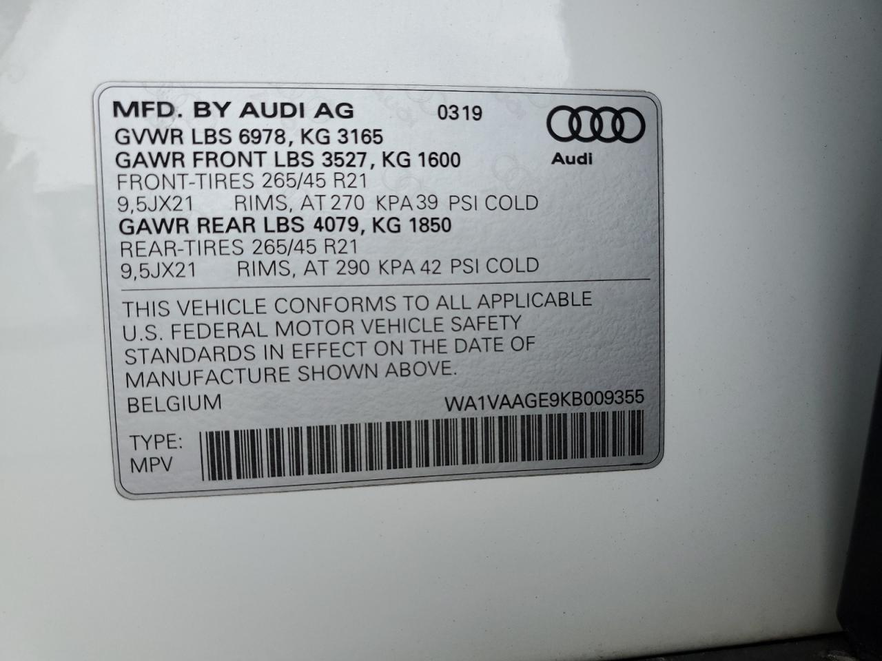 WA1VAAGE9KB009355 2019 Audi E-Tron Prestige