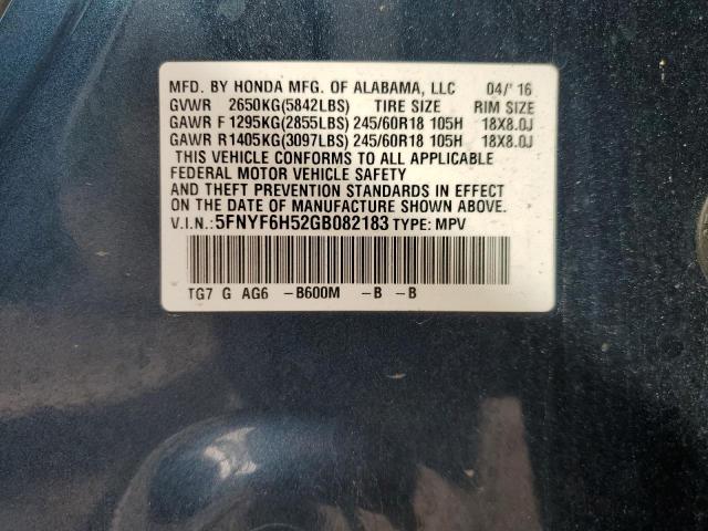2016 Honda Pilot Exl VIN: 5FNYF6H52GB082183 Lot: 54131654