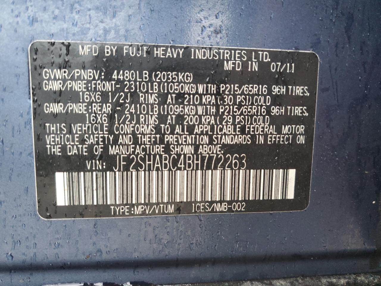 JF2SHABC4BH772263 2011 Subaru Forester 2.5X