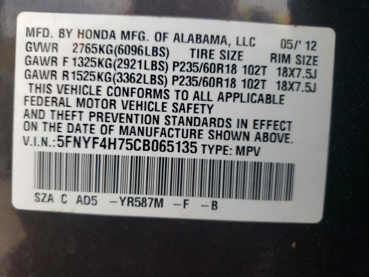 5FNYF4H75CB065135 2012 Honda Pilot Exln