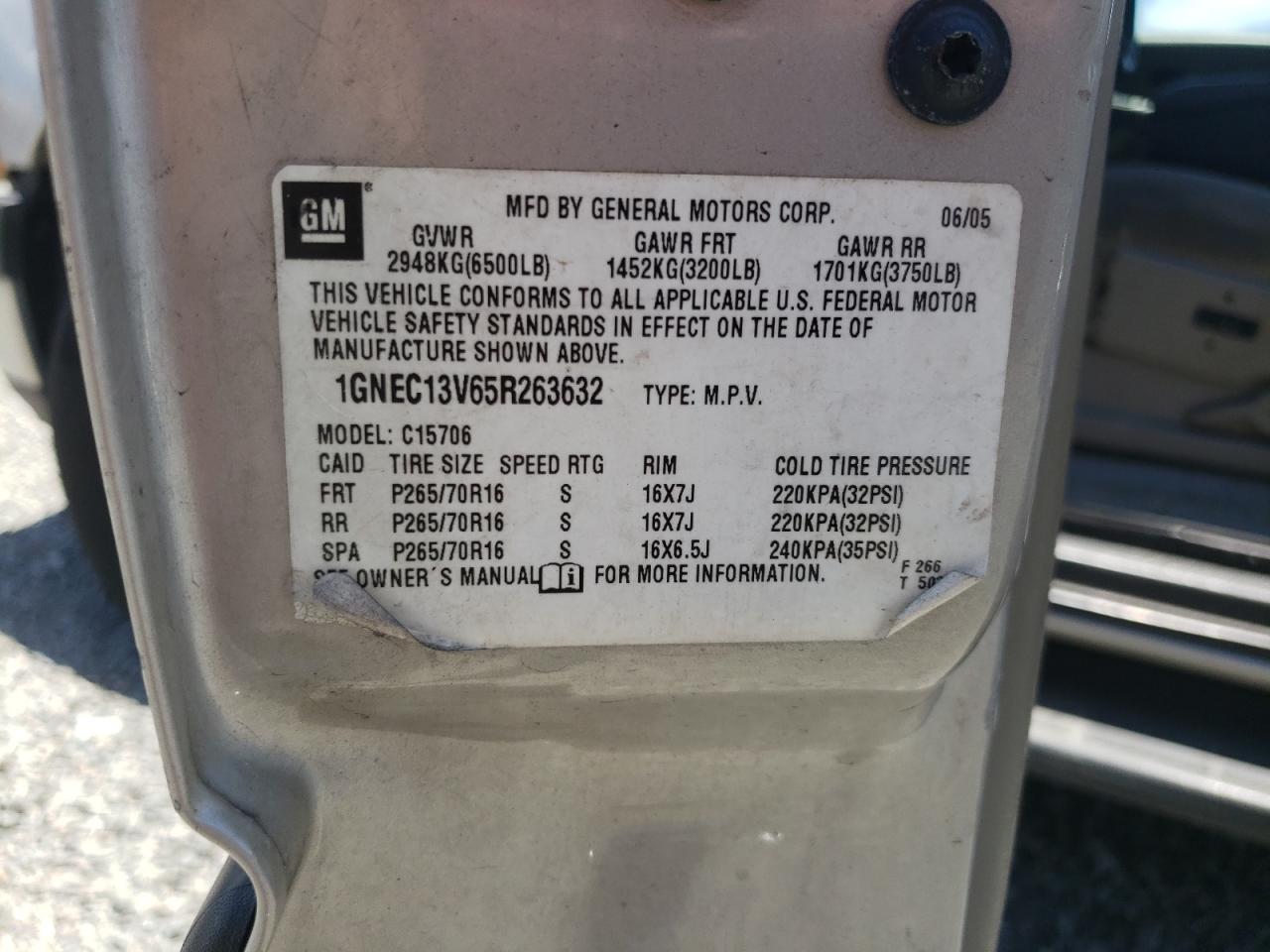 1GNEC13V65R263632 2005 Chevrolet Tahoe C1500