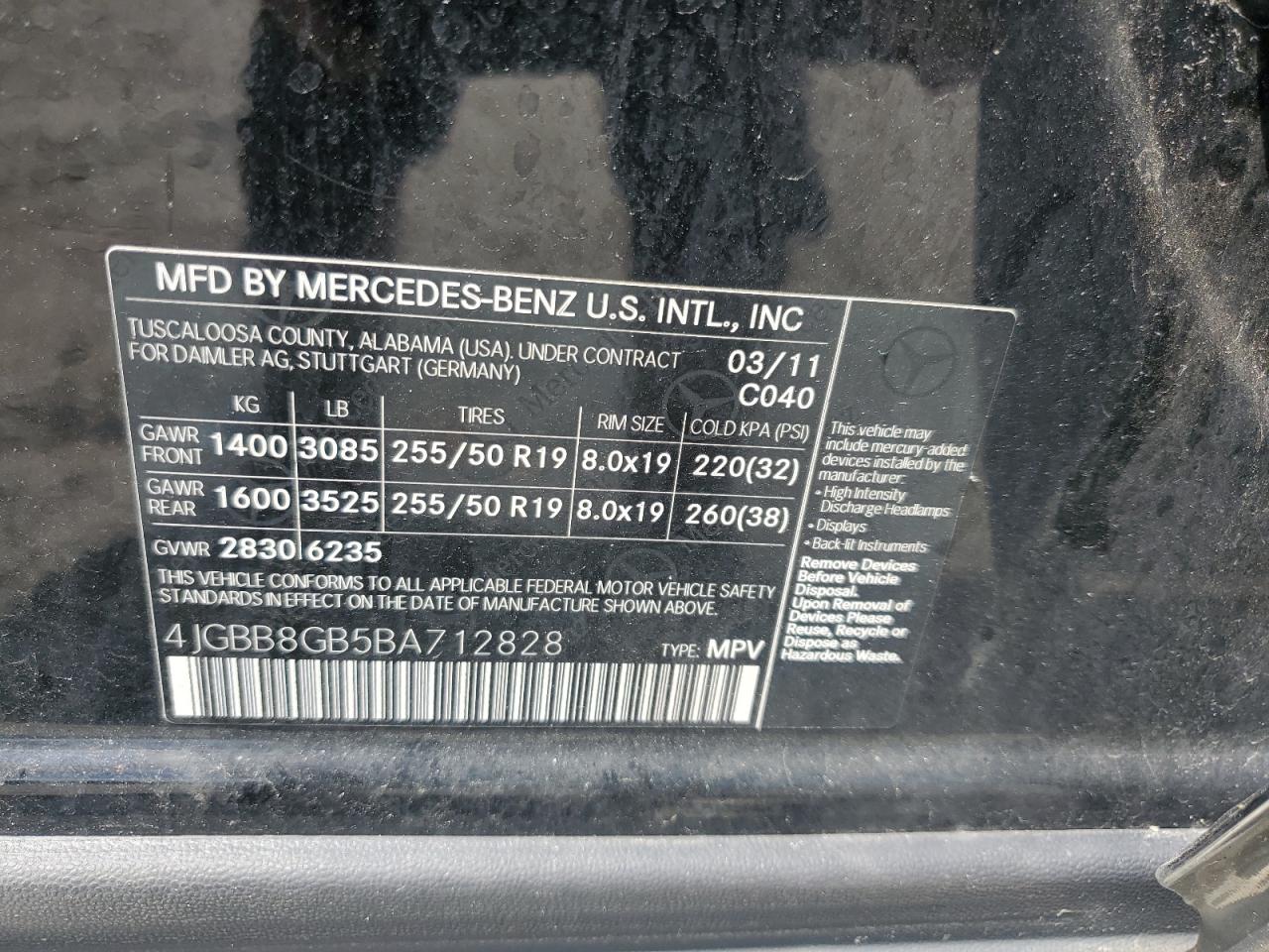 4JGBB8GB5BA712828 2011 Mercedes-Benz Ml 350 4Matic