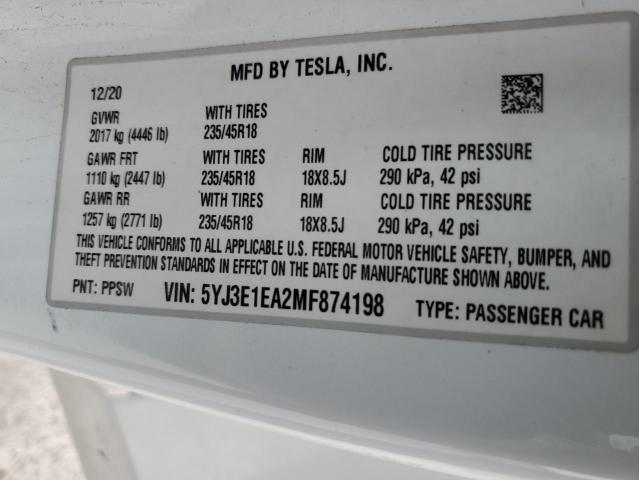 2021 Tesla Model 3 VIN: 5YJ3E1EA2MF874198 Lot: 54283434