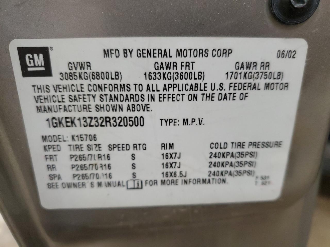 1GKEK13Z32R320500 2002 GMC Yukon