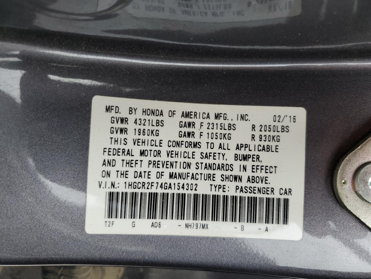 1HGCR2F74GA154302 2016 Honda Accord Ex