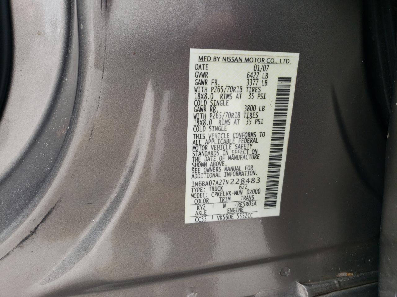 1N6BA07A27N228483 2007 Nissan Titan Xe