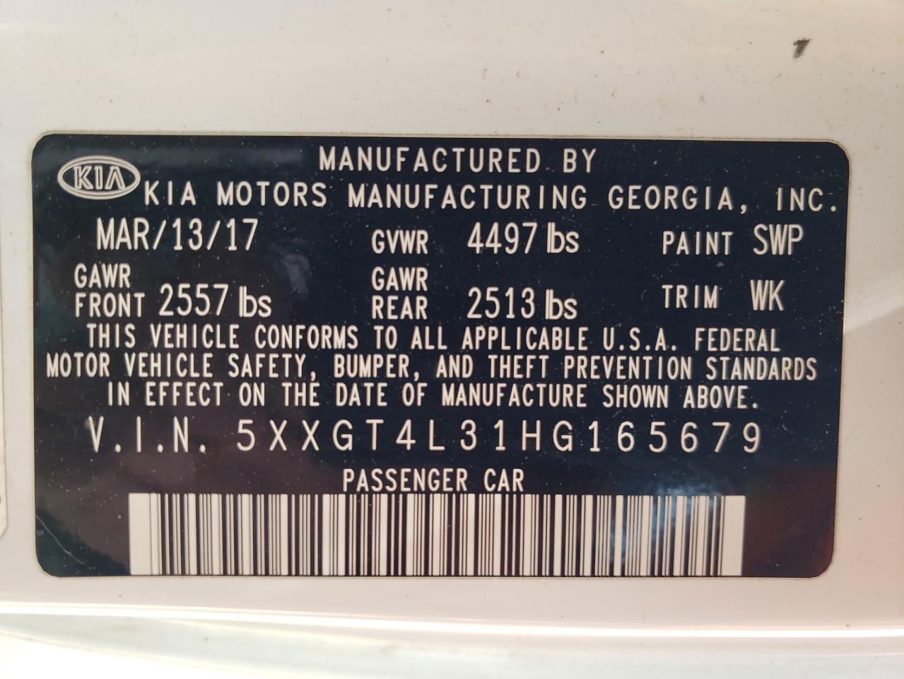 5XXGT4L31HG165679 2017 Kia Optima Lx