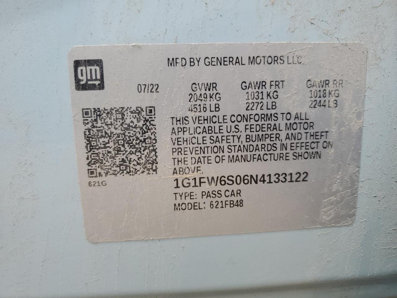 1G1FW6S06N4133122 2022 Chevrolet Bolt Ev 1Lt