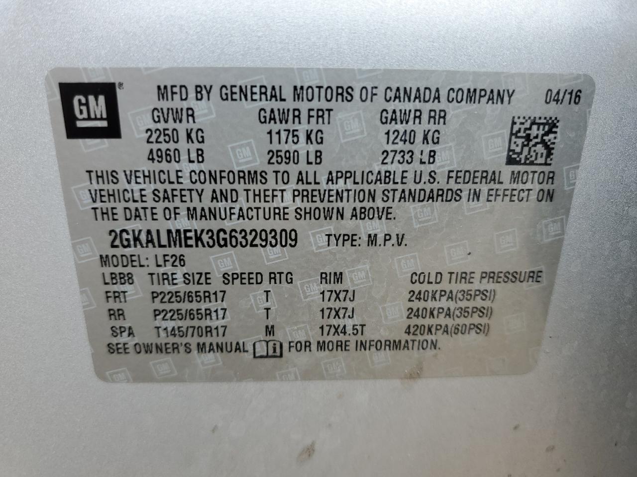 2GKALMEK3G6329309 2016 GMC Terrain Sle