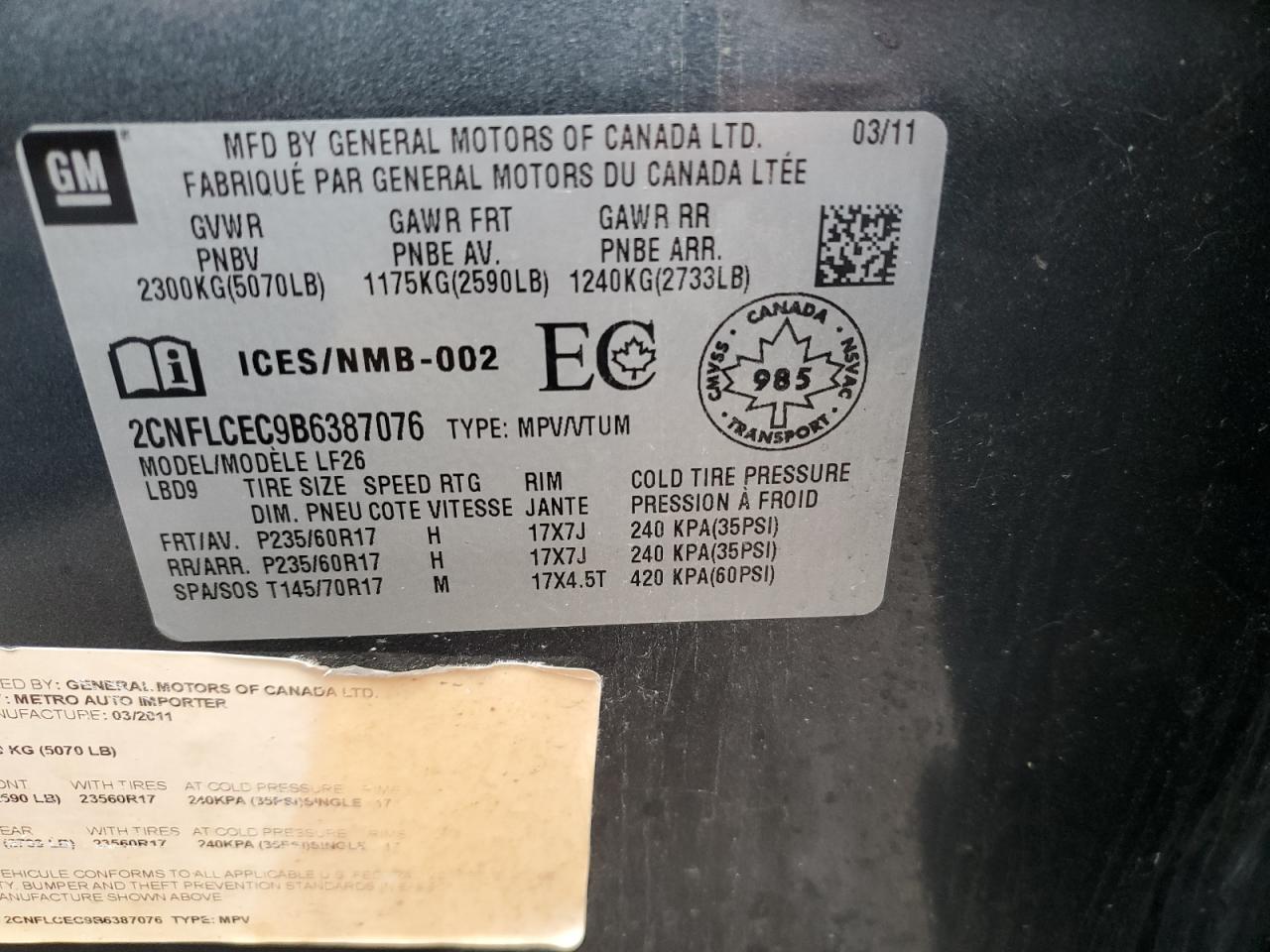 2CNFLCEC9B6387076 2011 Chevrolet Equinox Ls