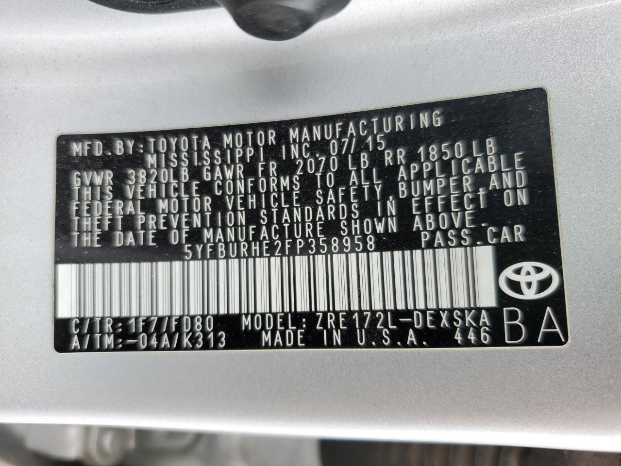 5YFBURHE2FP358958 2015 Toyota Corolla L