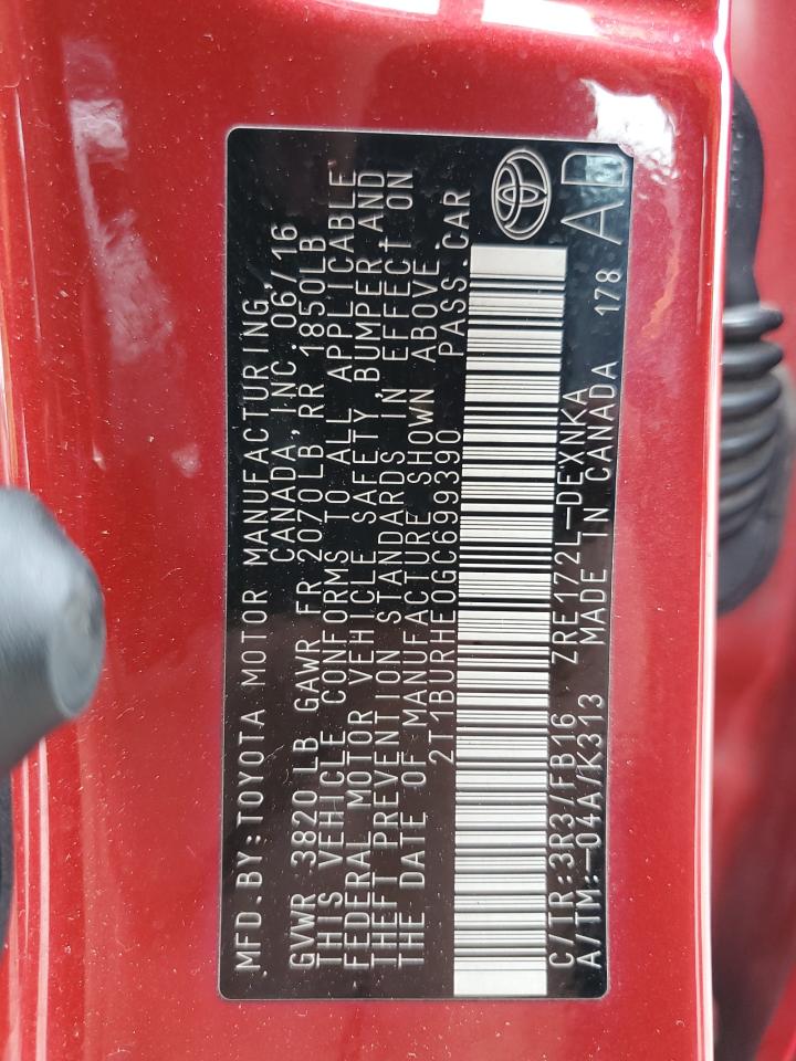 2T1BURHE0GC699390 2016 Toyota Corolla L