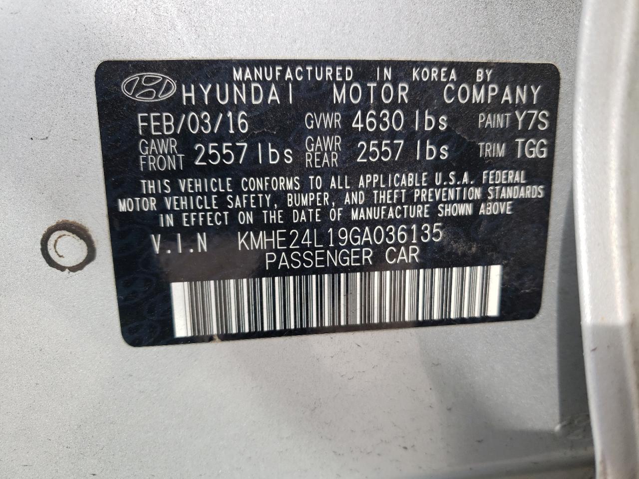 KMHE24L19GA036135 2016 Hyundai Sonata Hybrid