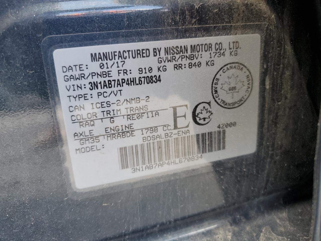 3N1AB7AP4HL670834 2017 Nissan Sentra S