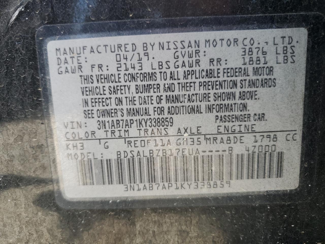 3N1AB7AP1KY338859 2019 Nissan Sentra S