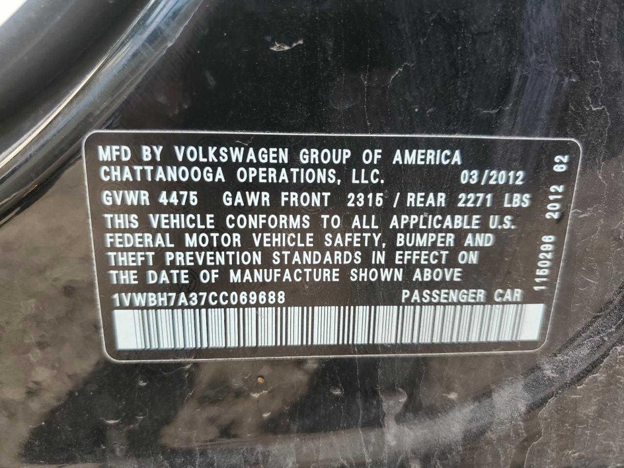 1VWBH7A37CC069688 2012 Volkswagen Passat Se