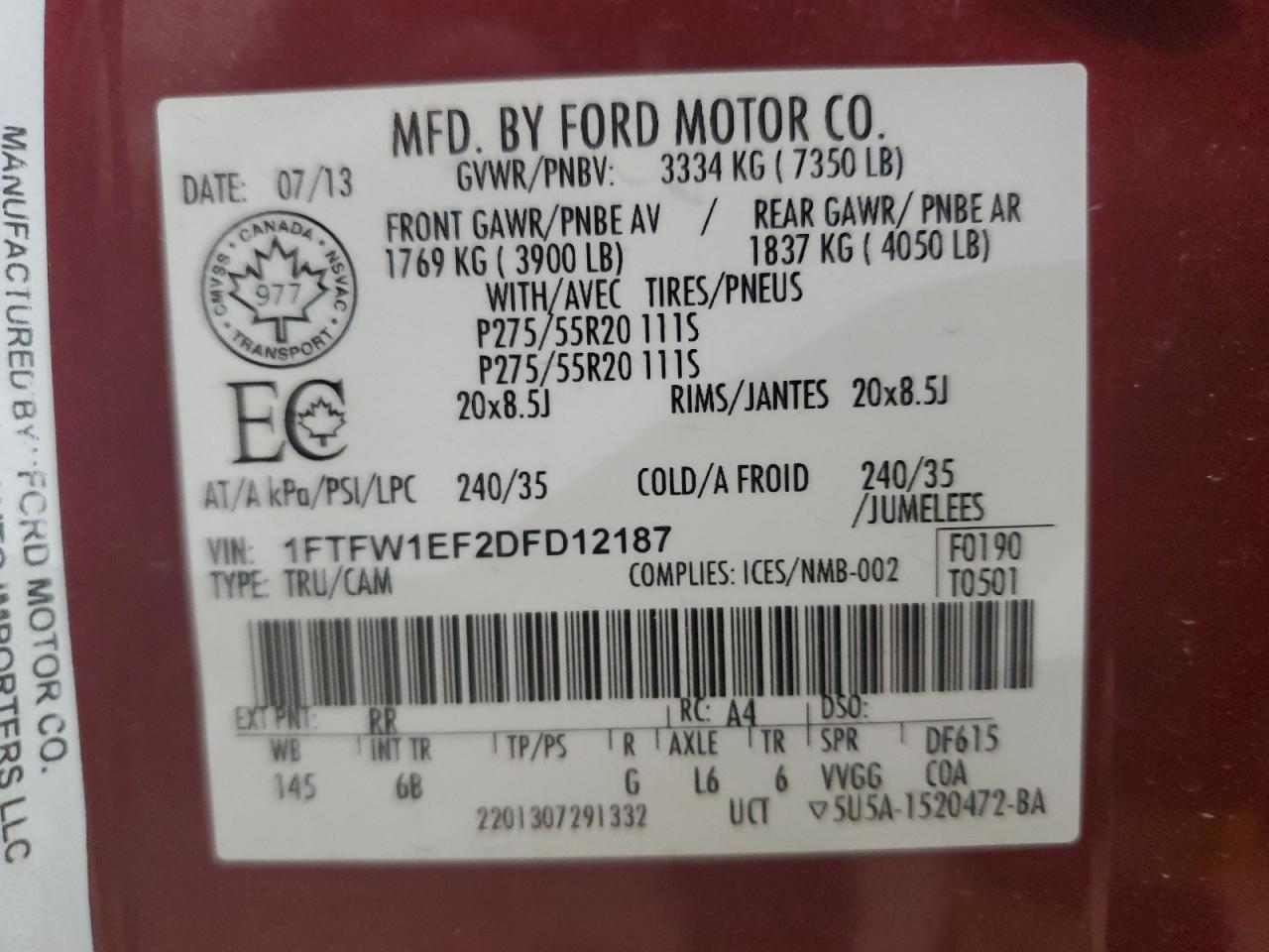 1FTFW1EF2DFD12187 2013 Ford F150 Supercrew