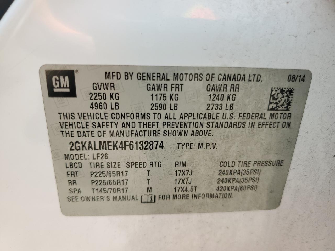 2GKALMEK4F6132874 2015 GMC Terrain Sle