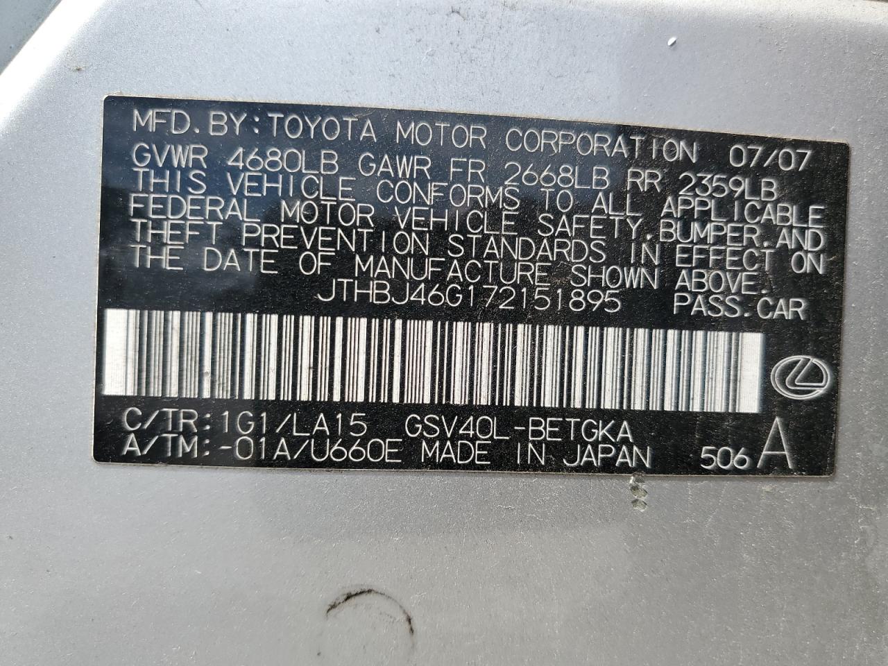 JTHBJ46G172151895 2007 Lexus Es 350