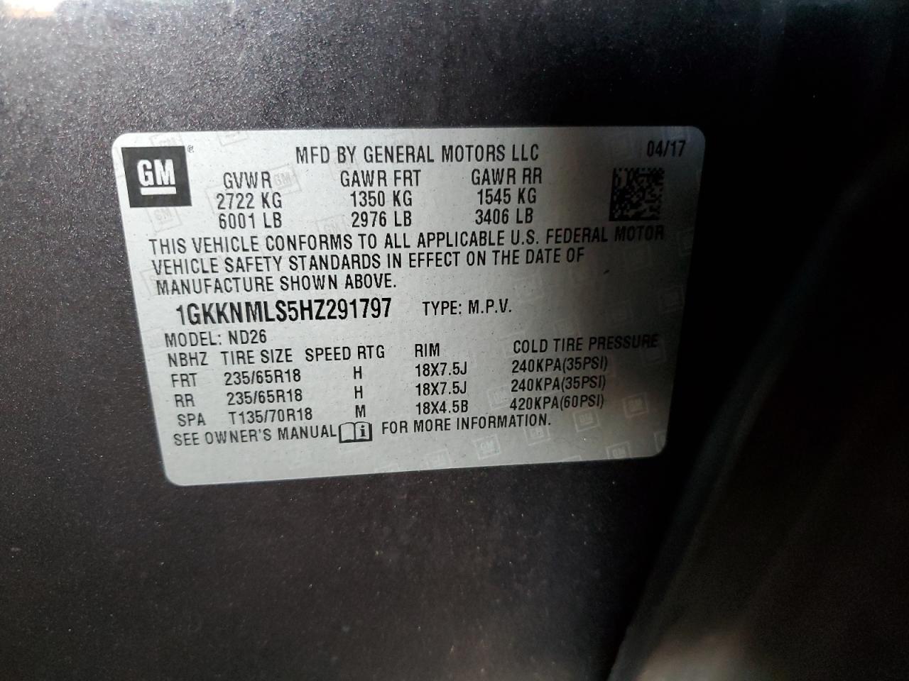 1GKKNMLS5HZ291797 2017 GMC Acadia Slt-1