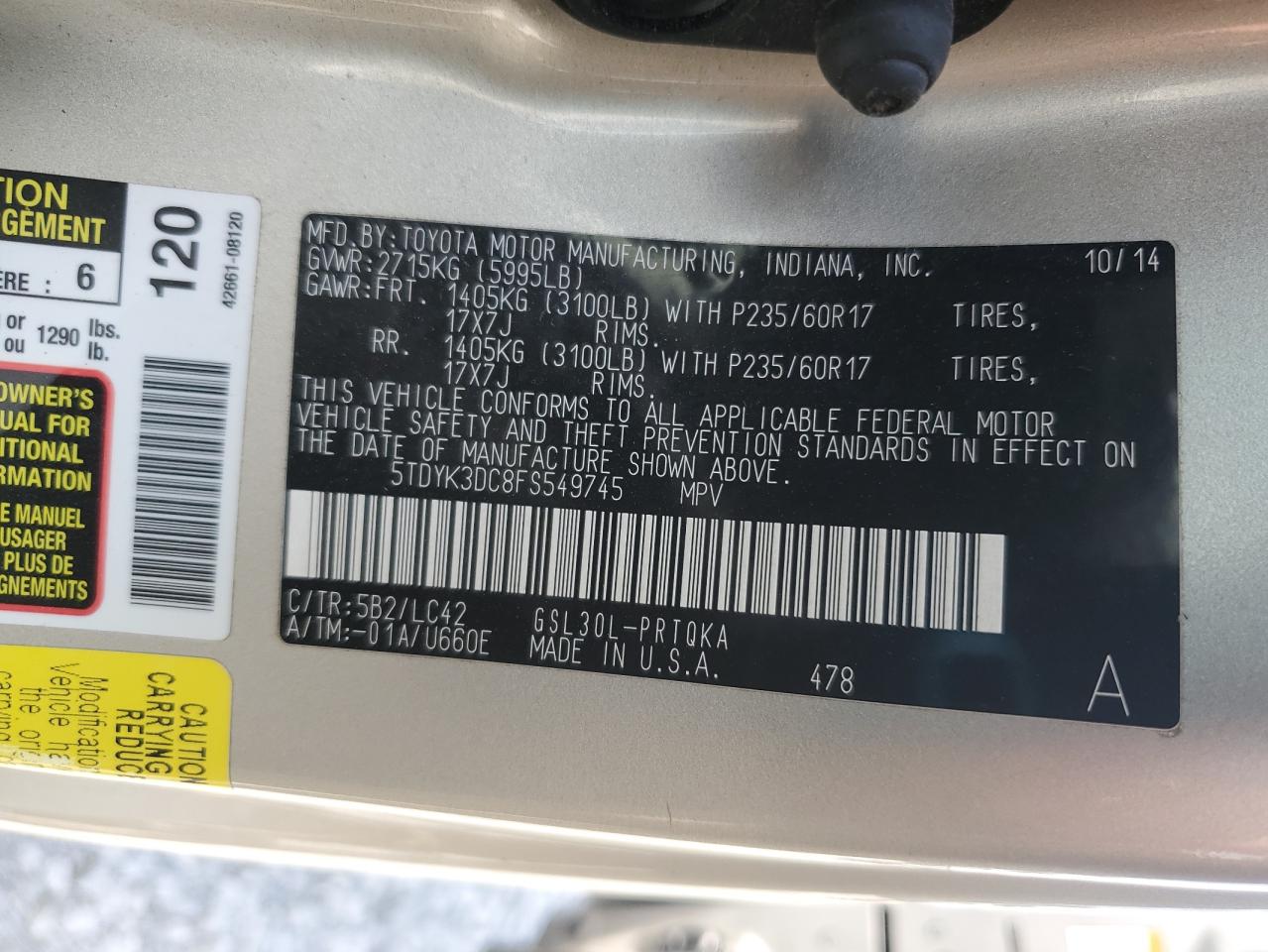 5TDYK3DC8FS549745 2015 Toyota Sienna Xle