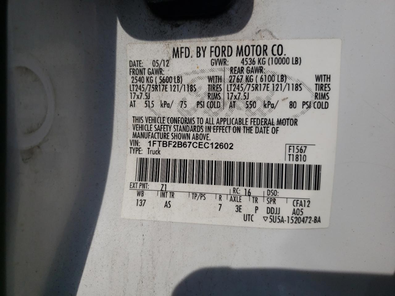 1FTBF2B67CEC12602 2012 Ford F250 Super Duty