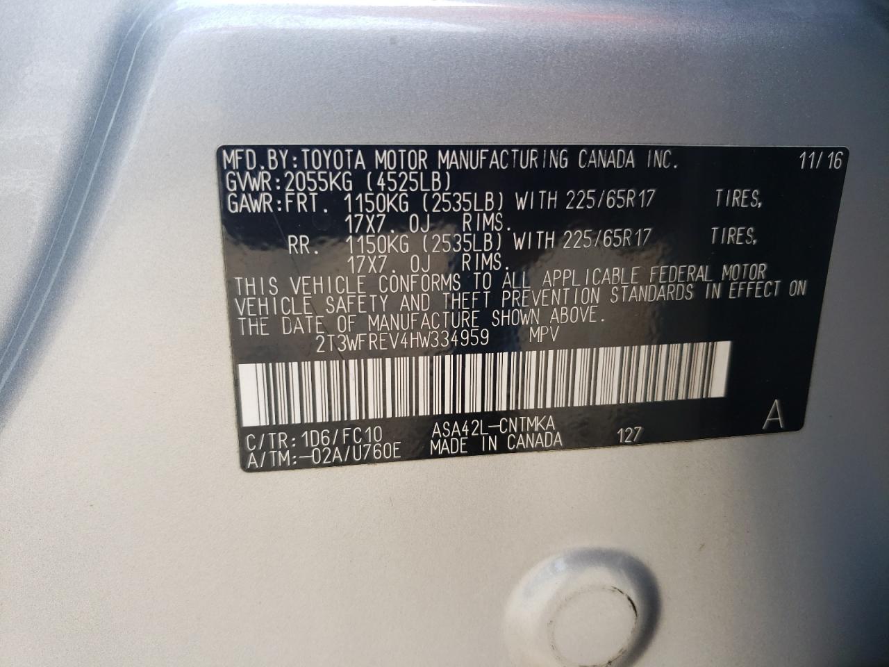 2T3WFREV4HW334959 2017 Toyota Rav4 Xle