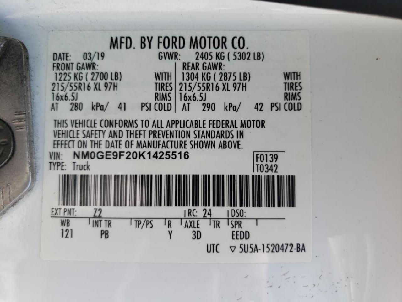 NM0GE9F20K1425516 2019 Ford Transit Connect Xlt