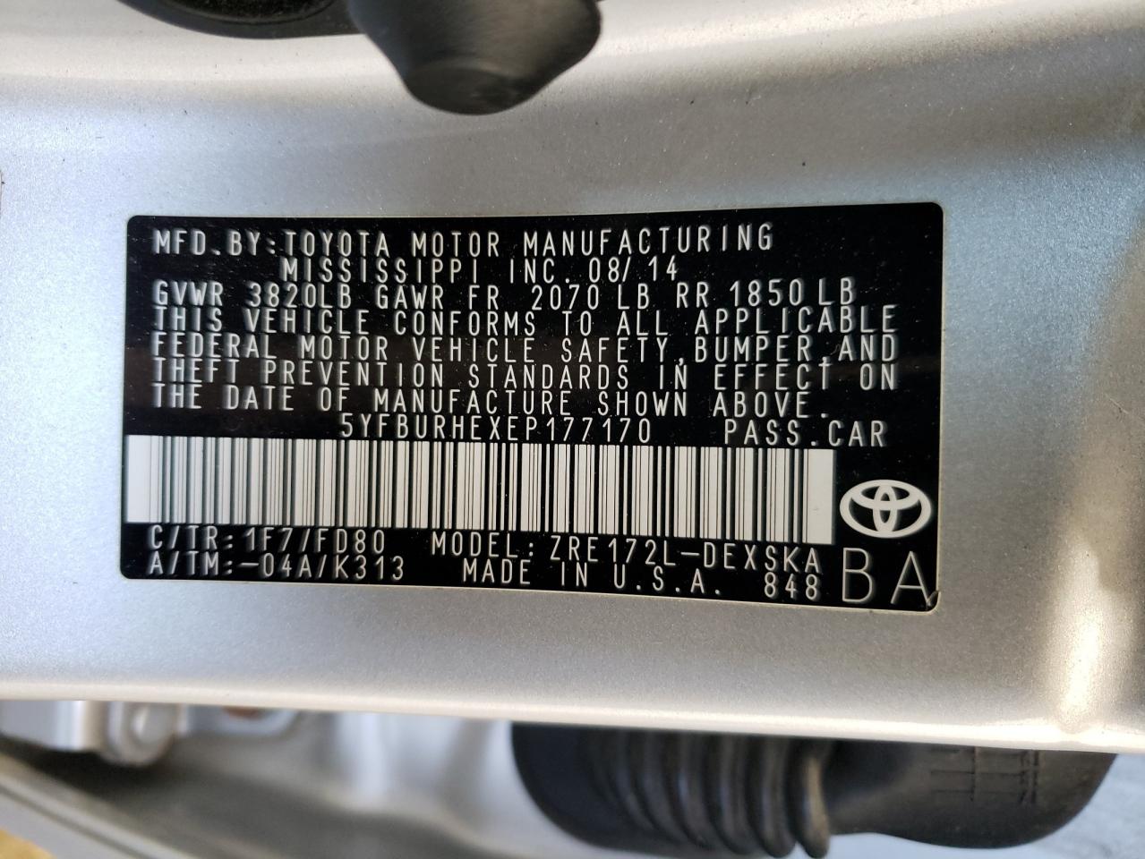 5YFBURHEXEP177170 2014 Toyota Corolla L