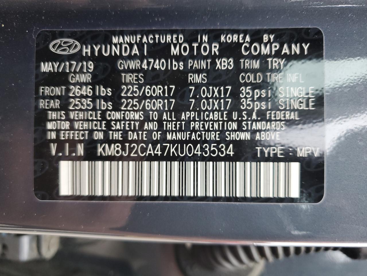 KM8J2CA47KU043534 2019 Hyundai Tucson Se