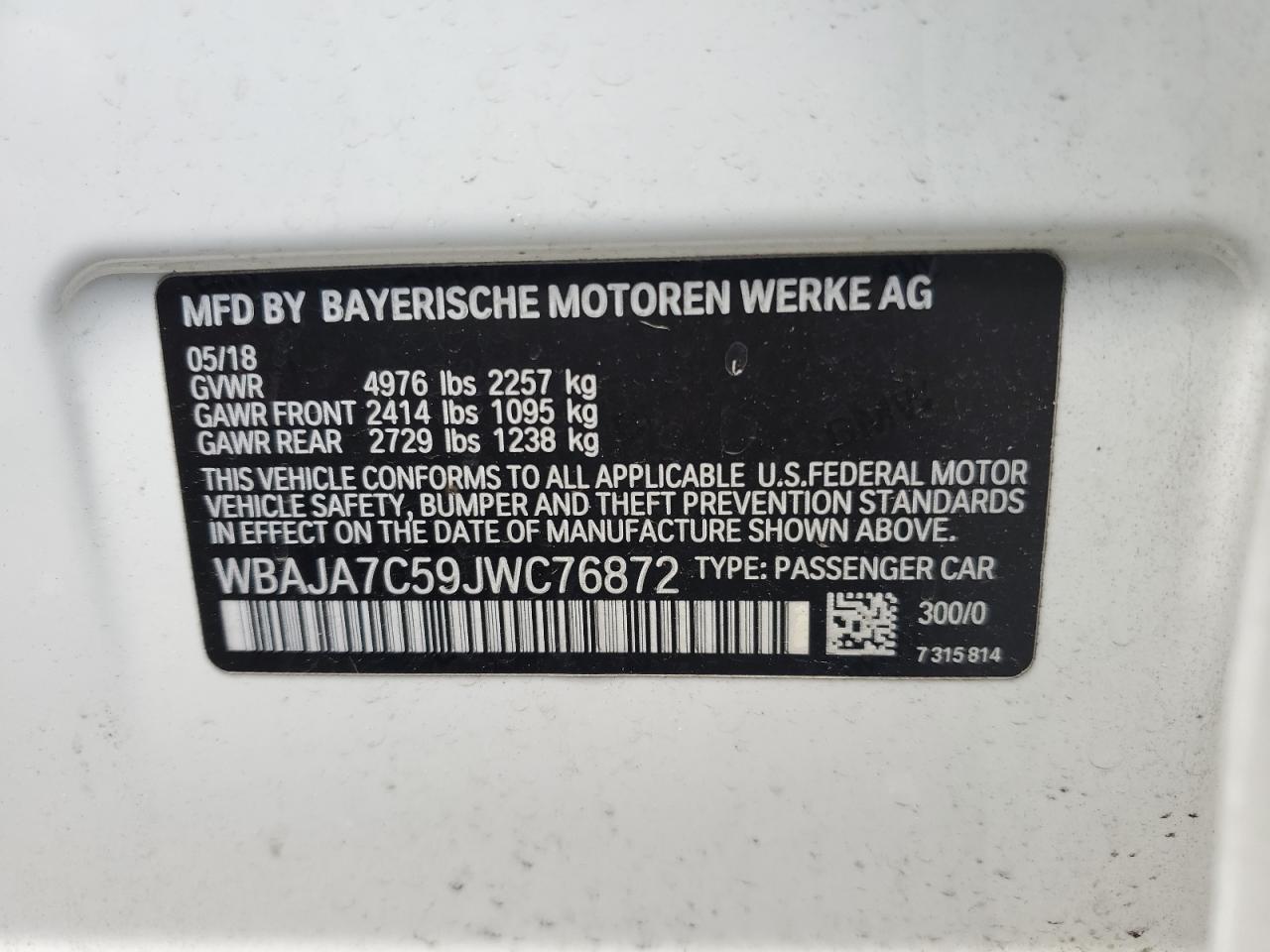 WBAJA7C59JWC76872 2018 BMW 530 Xi