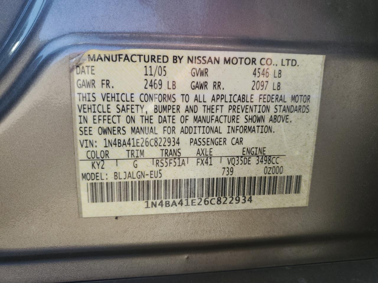 1N4BA41E26C822934 2006 Nissan Maxima Se