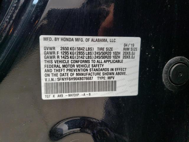 2019 Honda Pilot Touring VIN: 5FNYF6H96KB076687 Lot: 54986654