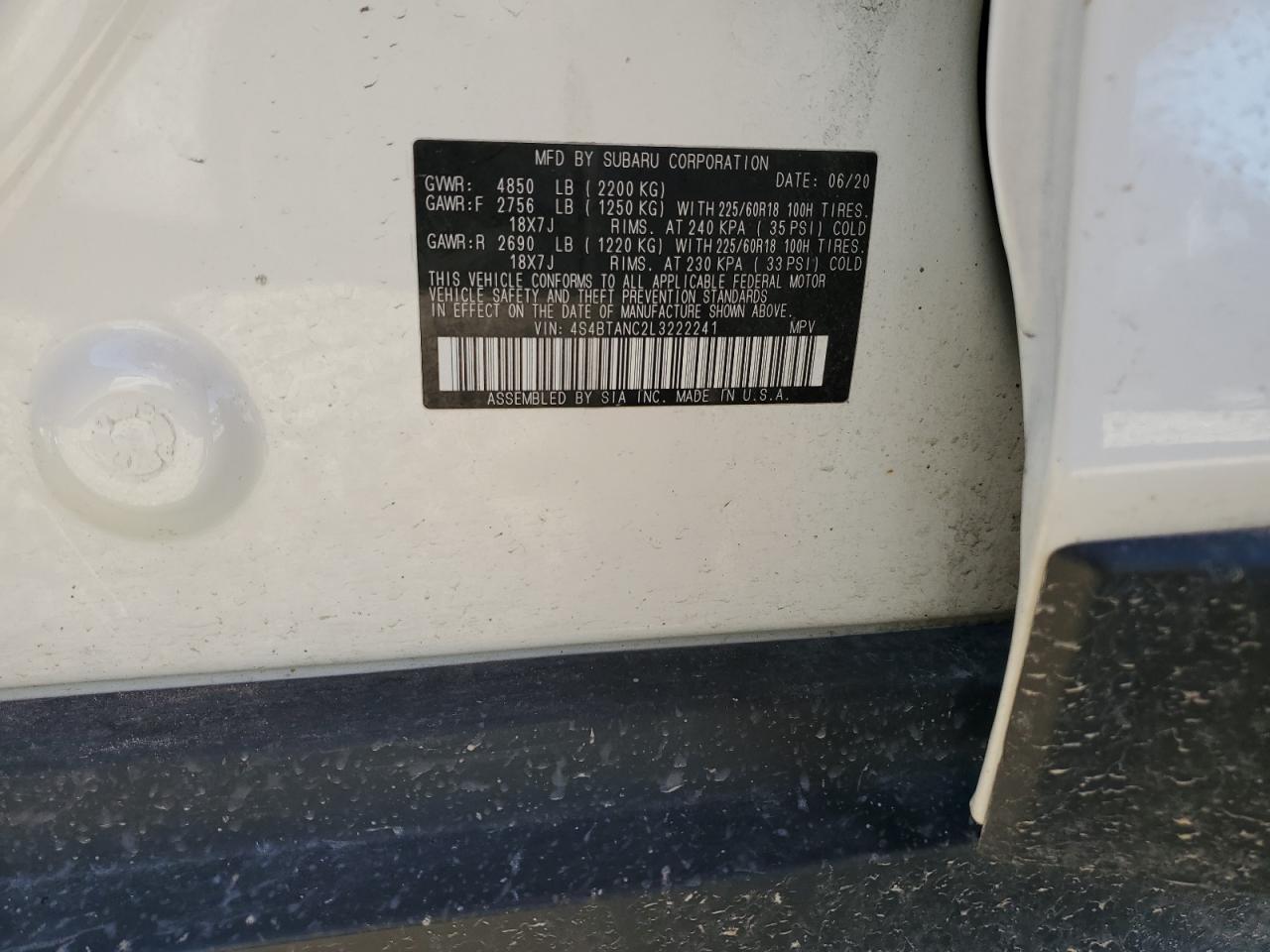 4S4BTANC2L3222241 2020 Subaru Outback Limited