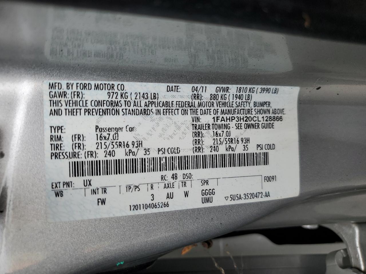 1FAHP3H20CL128866 2012 Ford Focus Sel