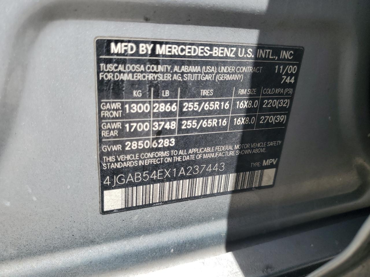 4JGAB54EX1A237443 2001 Mercedes-Benz Ml 320